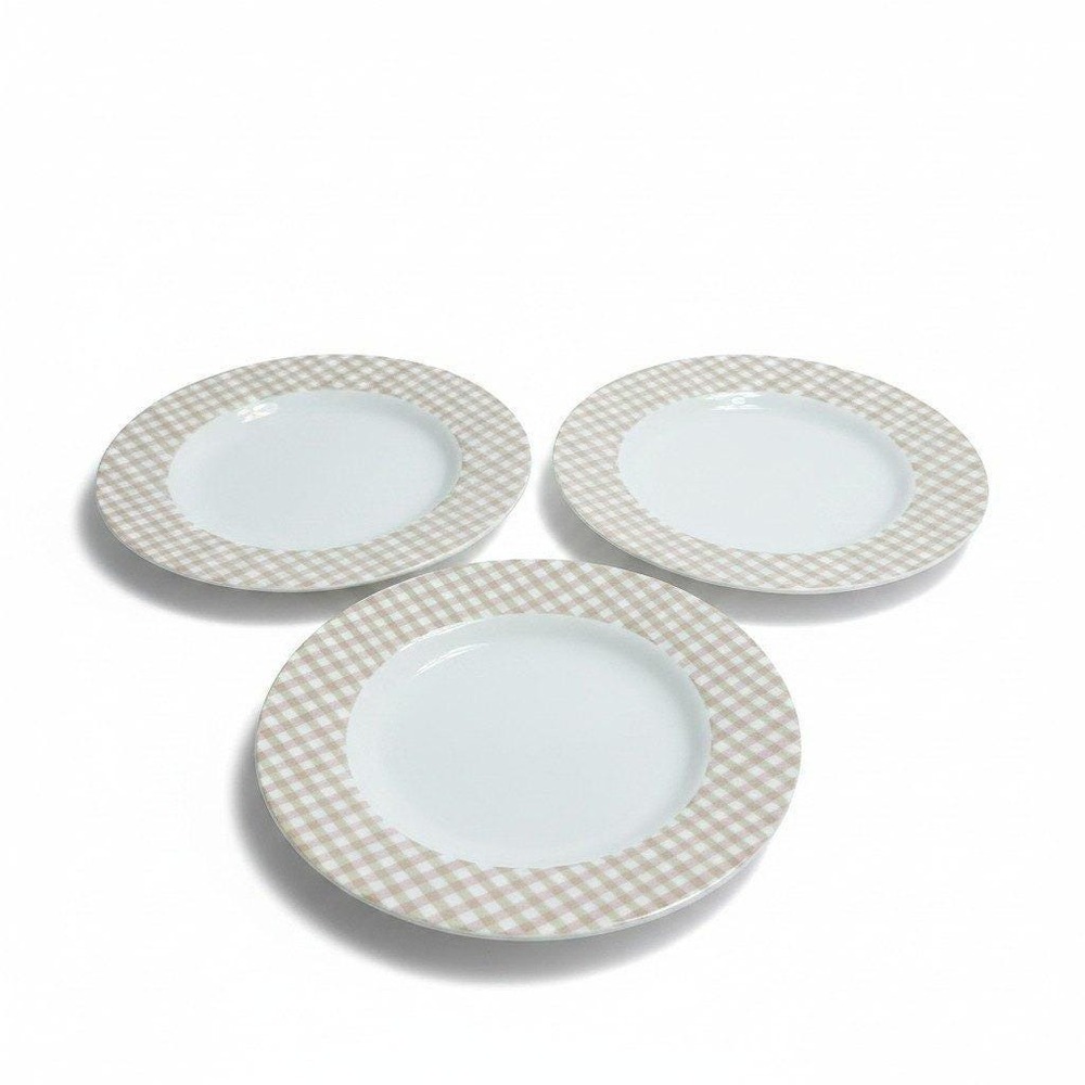 Set of 3 Nautica Pink Sands Tablewares Salad Plates Gingham Check Rim Tan 8.25"